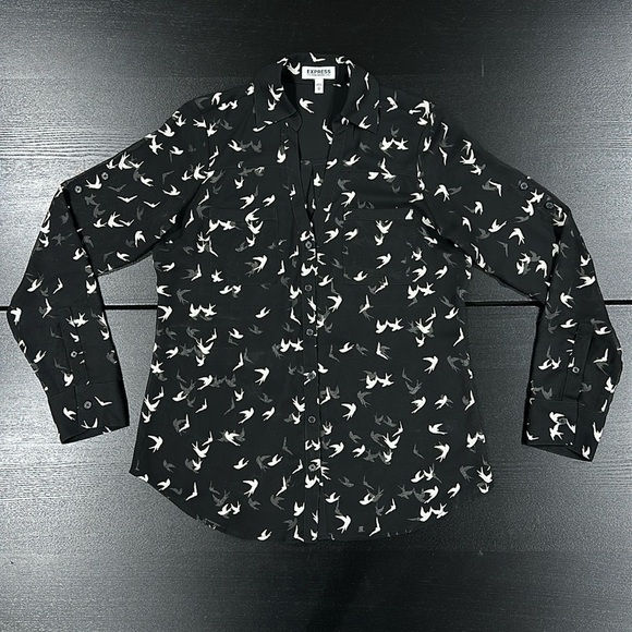 Express Bird Print Sheer Button Up Long Sleeve with Rolled Sleeve Tabs - XS - Picture 6 of 11